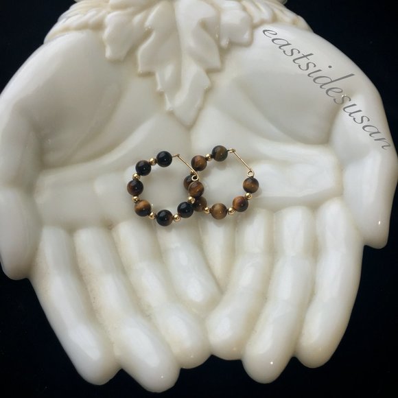 Vintage Jewelry - VTG Tiger Eye + Gold HOOP EARRINGS 80s Cat Eye